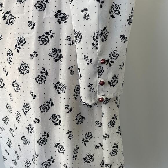 Vintage Midi Dress Size 10 White Black Ditsy Floral Puff Sleeve Peplum Retro 80s - Picture 6 of 16
